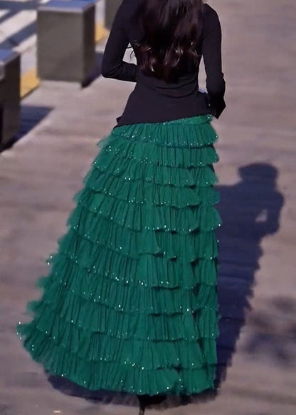 Original Blackish Green Layered Ruffled Patchwork Tulle Skirts Spring