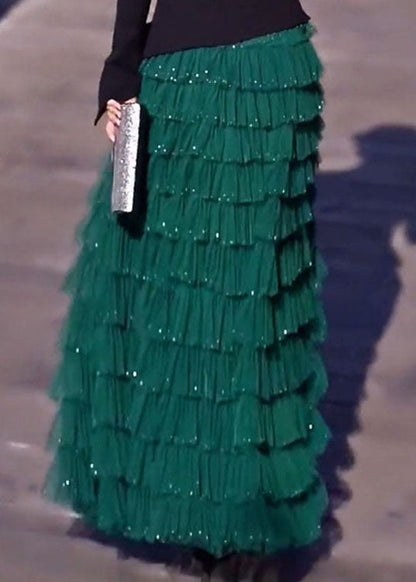 Original Blackish Green Layered Ruffled Patchwork Tulle Skirts Spring