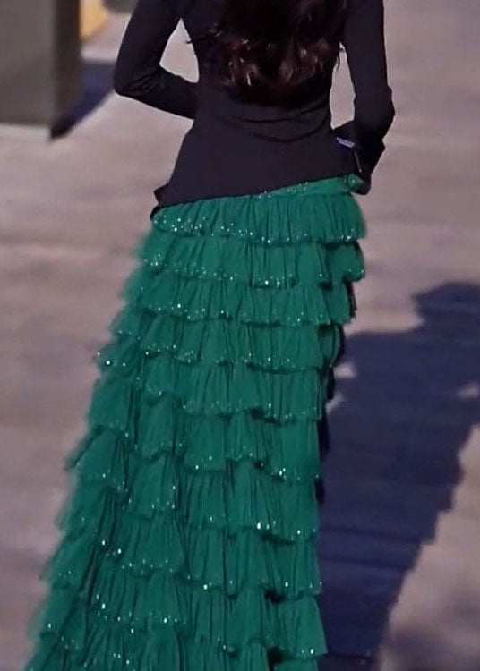 Original Blackish Green Layered Ruffled Patchwork Tulle Skirts Spring
