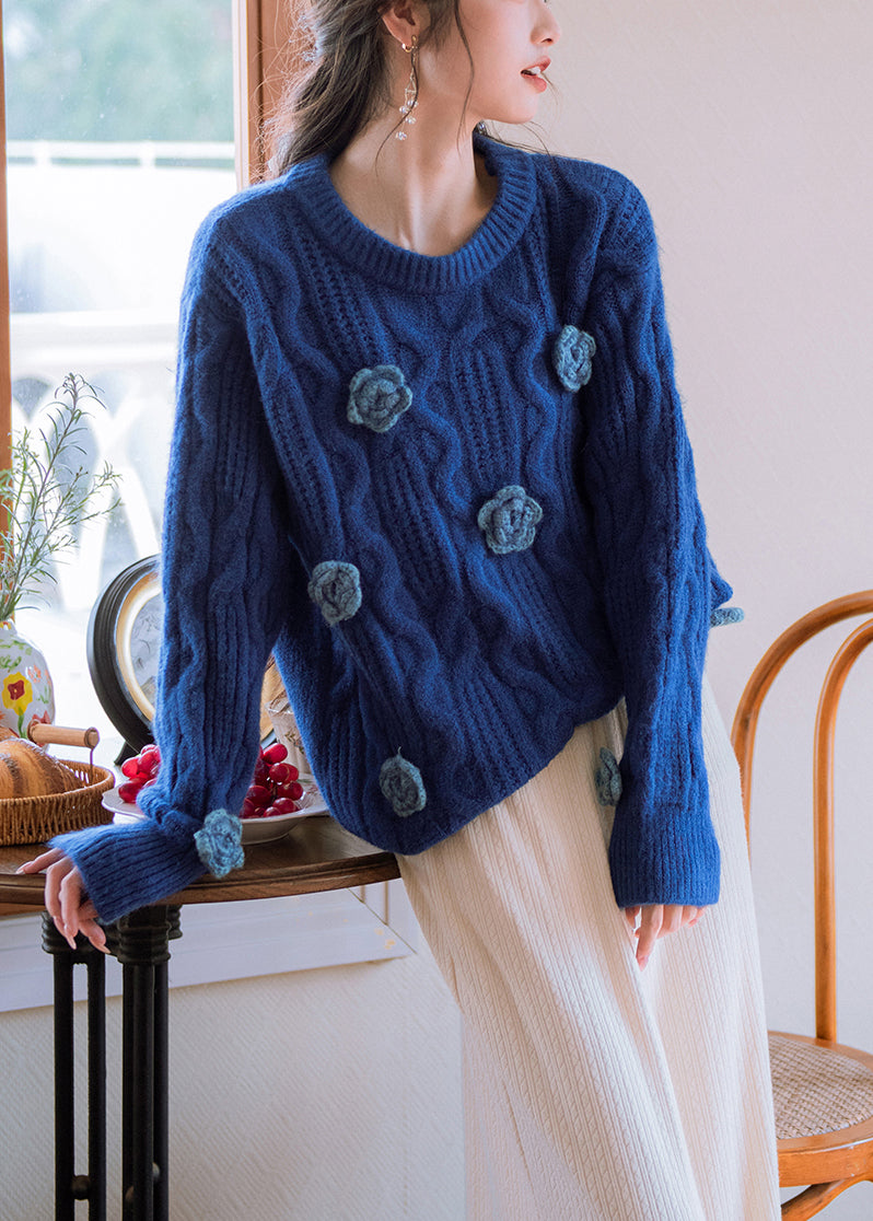 Original Blue O Neck Floral Cozy Knit Sweater Winter