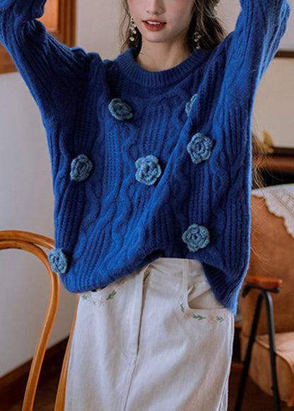 Original Blue O Neck Floral Cozy Knit Sweater Winter