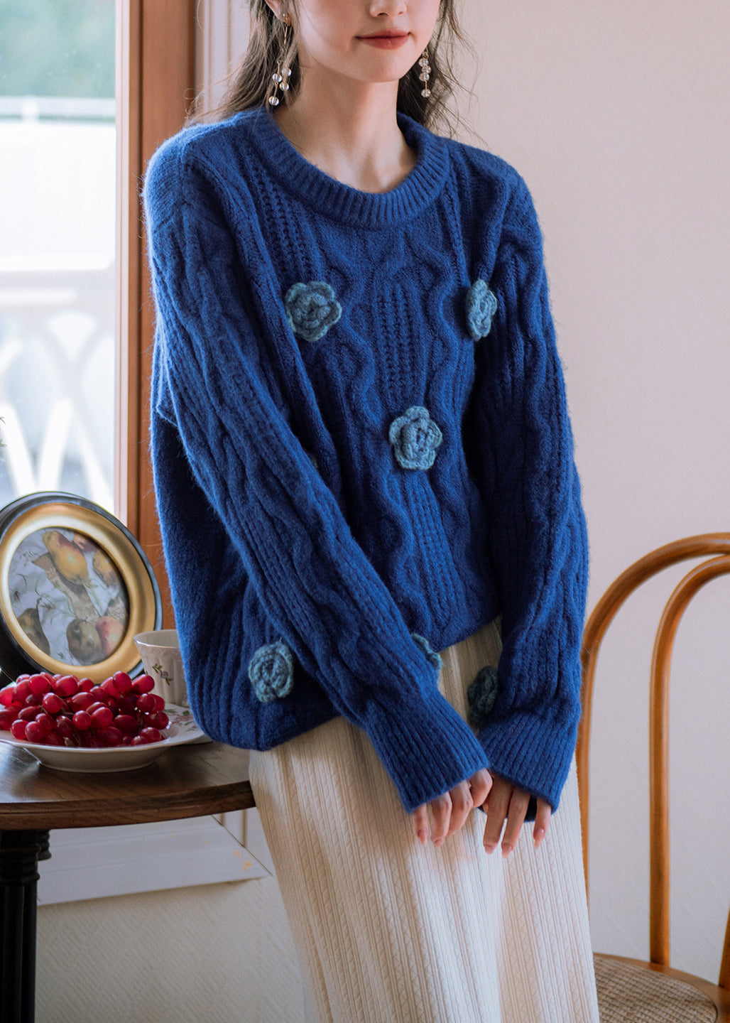 Original Blue O Neck Floral Cozy Knit Sweater Winter