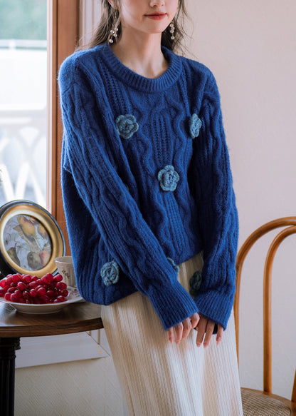 Original Blue O Neck Floral Cozy Knit Sweater Winter