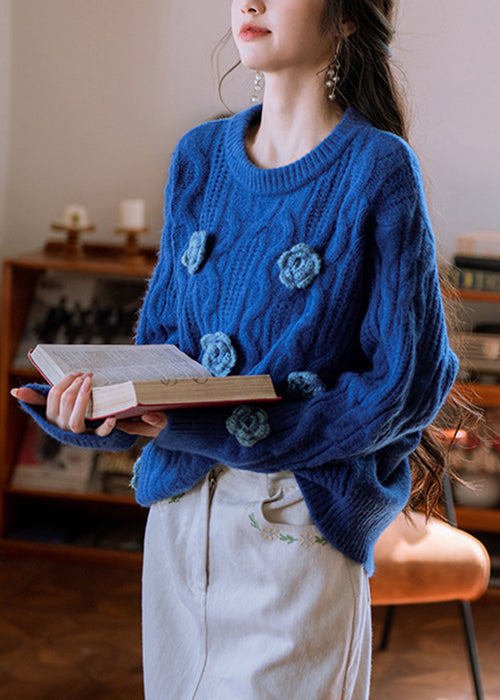 Original Blue O Neck Floral Cozy Knit Sweater Winter