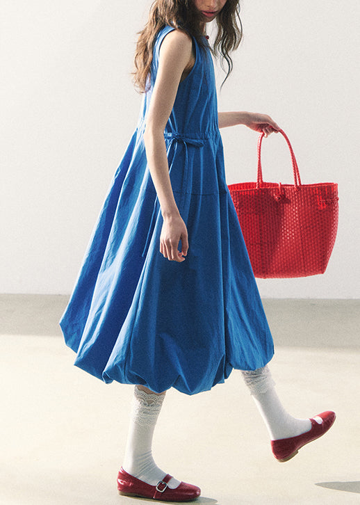 Original Blue O-Neck Tie Waist Cotton Long Dress Sleeveless