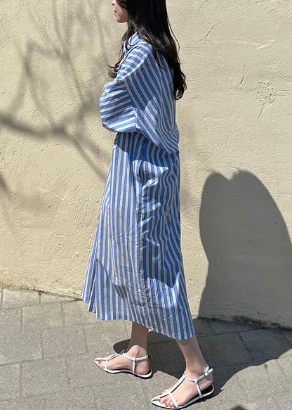 Original Blue Striped Button Cotton Shirts Dress Bracelet Sleeve