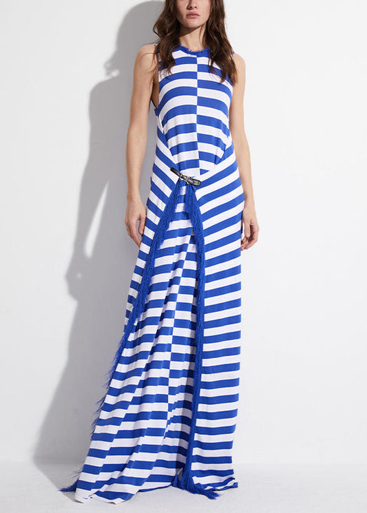 Original Blue Striped Tasseled Knit Robe Dresses Sleeveless