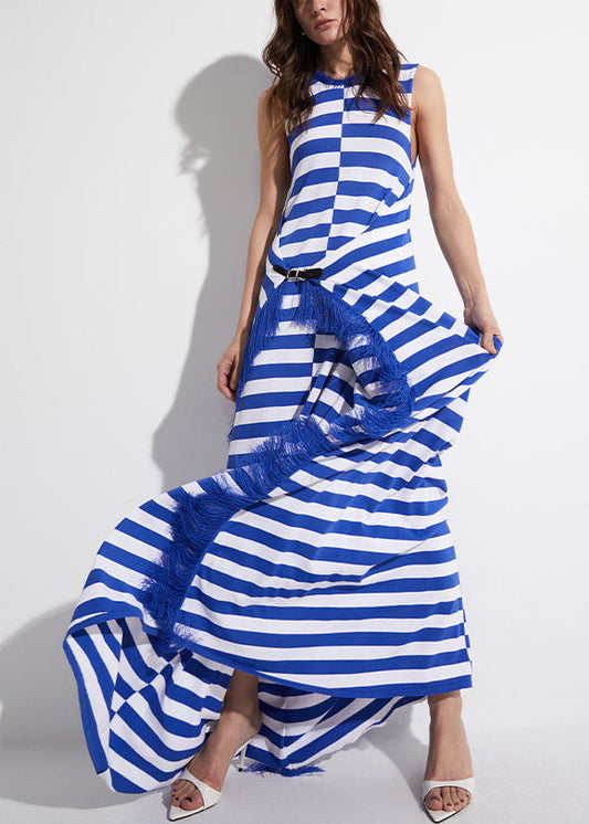 Original Blue Striped Tasseled Knit Robe Dresses Sleeveless