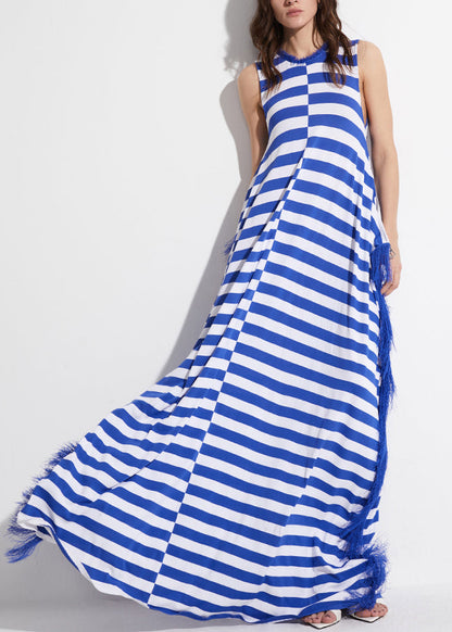 Original Blue Striped Tasseled Knit Robe Dresses Sleeveless