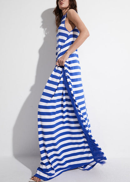 Original Blue Striped Tasseled Knit Robe Dresses Sleeveless