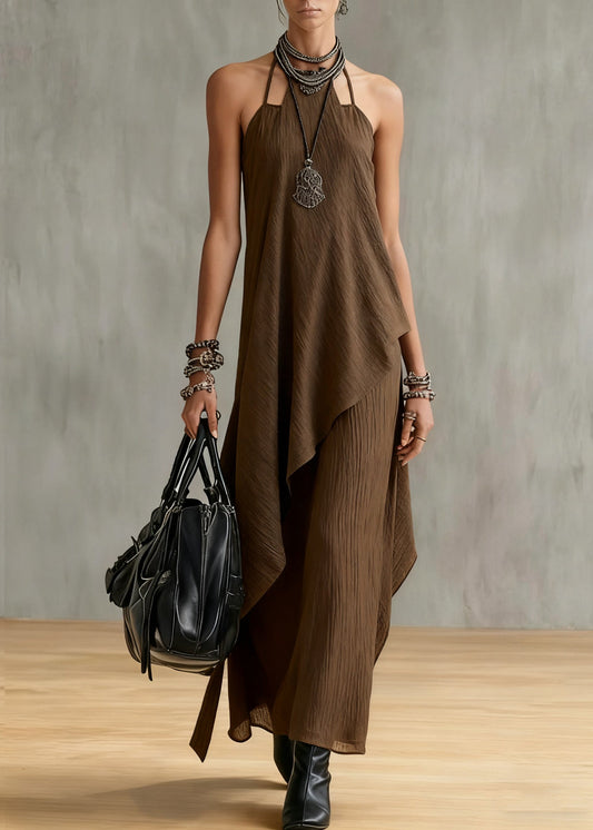 Original Coffee Asymmetrical Tops And Spaghetti Strap Dress Cotton Two Piece Set Sleeveless