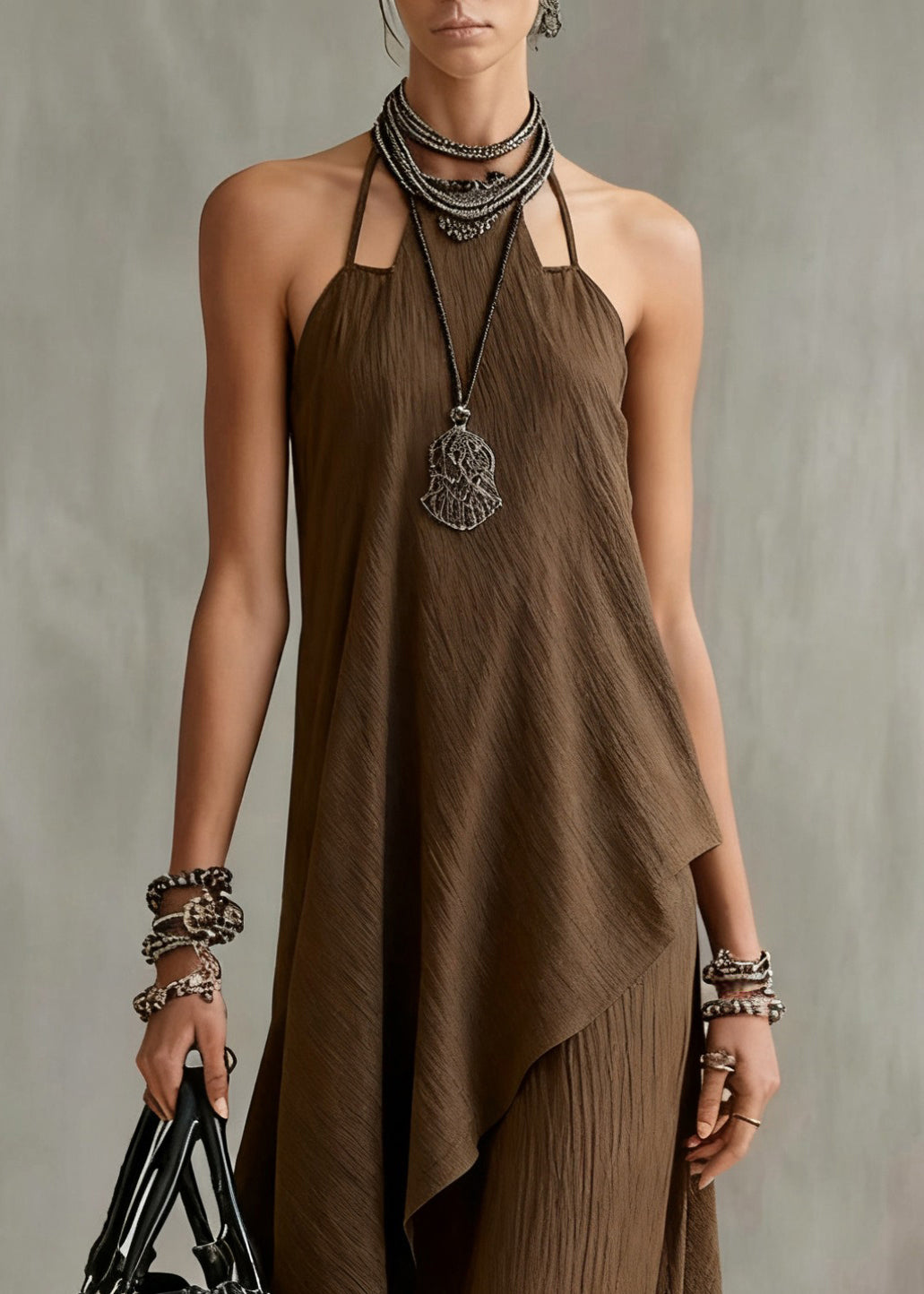 Original Coffee Asymmetrical Tops And Spaghetti Strap Dress Cotton Two Piece Set Sleeveless