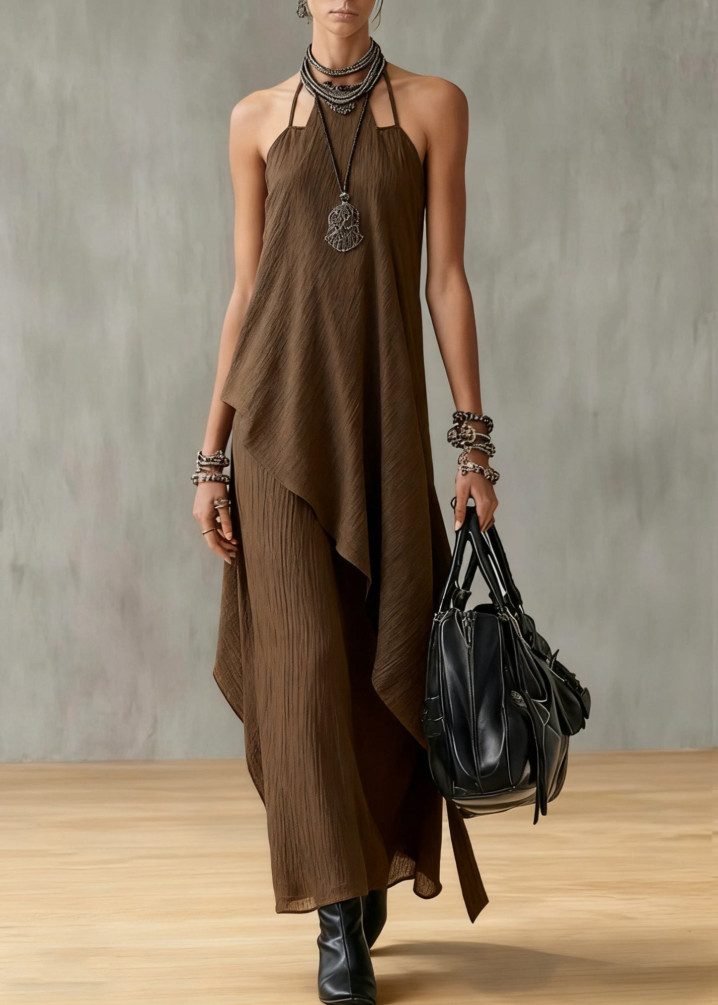 Original Coffee Asymmetrical Tops And Spaghetti Strap Dress Cotton Two Piece Set Sleeveless