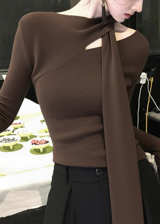 Original Coffee Bow Hollow Out Knit Sweater Spring