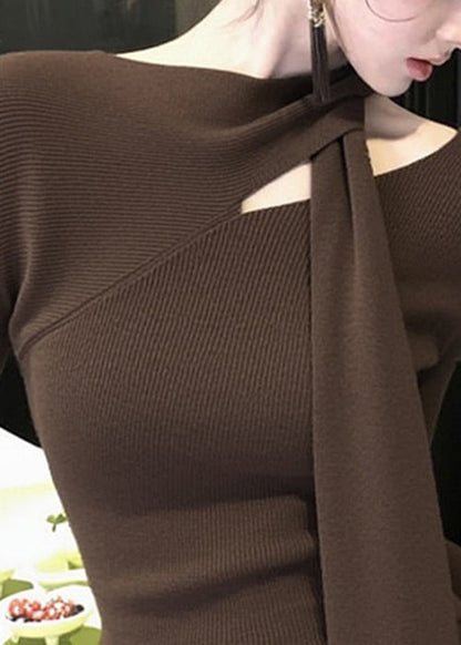 Original Coffee Bow Hollow Out Knit Sweater Spring