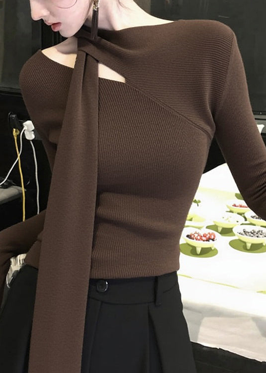 Original Coffee Bow Hollow Out Knit Sweater Spring