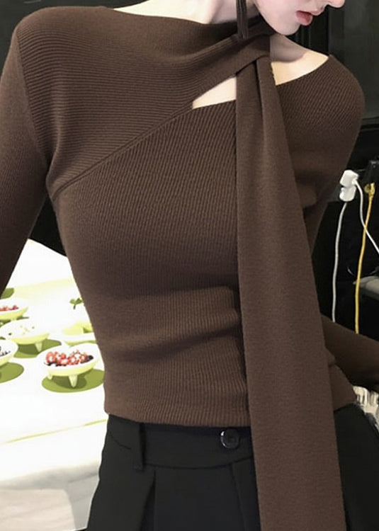 Original Coffee Bow Hollow Out Knit Sweater Spring