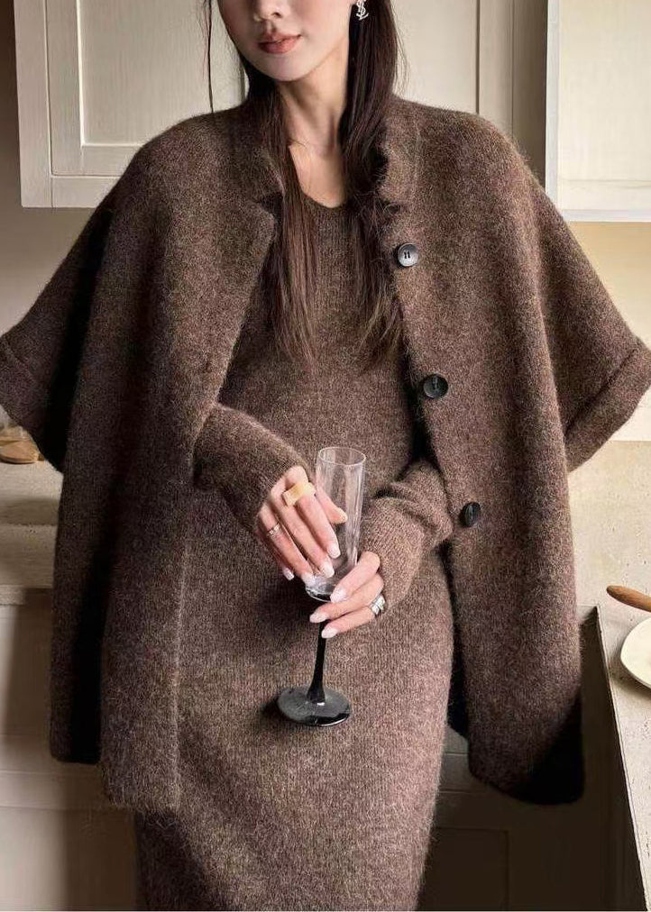 Original Coffee Fur Collar Solid Knit Three Piece Set Batwing Sleeve