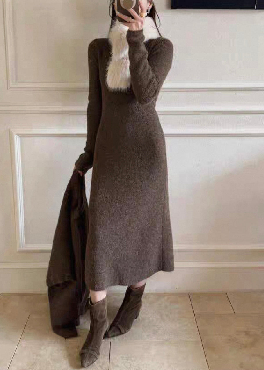 Original Coffee Fur Collar Solid Knit Three Piece Set Batwing Sleeve