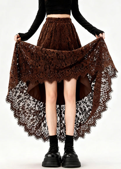Original Coffee Hollow Out Patchwork Lace Skirts Fall