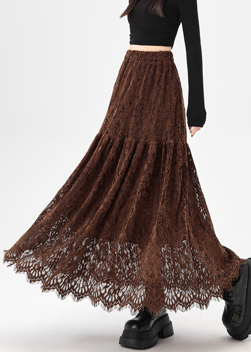 Original Coffee Hollow Out Patchwork Lace Skirts Fall