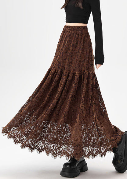 Original Coffee Hollow Out Patchwork Lace Skirts Fall