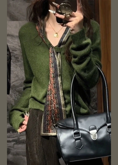 Original Ddesign Green Bow Solid Knit Sweater Tops Fall