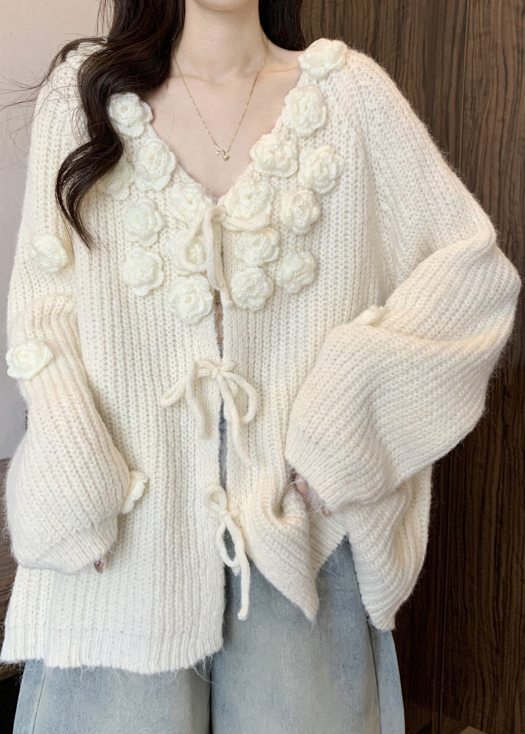 Original Design Apricot Floral Solid Cotton Knit Cardigan