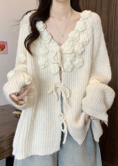 Original Design Apricot Floral Solid Cotton Knit Cardigan