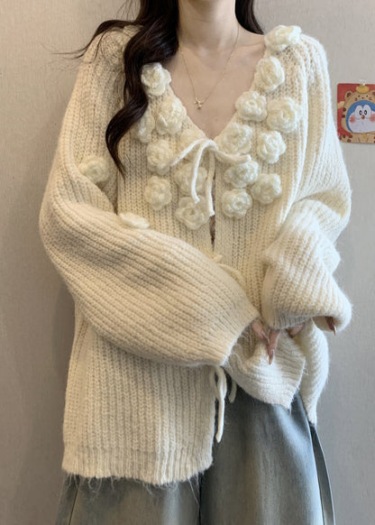 Original Design Apricot Floral Solid Cotton Knit Cardigan