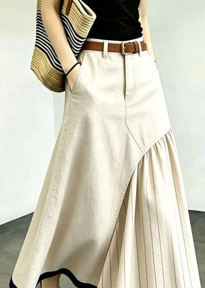 Original Design Apricot Striped Patchwork Wrinkled A Line Skirt
