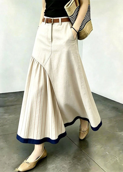 Original Design Apricot Striped Patchwork Wrinkled A Line Skirt