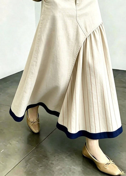 Original Design Apricot Striped Patchwork Wrinkled A Line Skirt