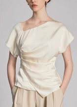 Load image into Gallery viewer, Original Design Beige Asymmetrical Design Wrinkled Silk Top Summer