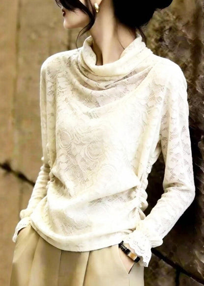 Original Design Beige Turtleneck Lace Tops Fall