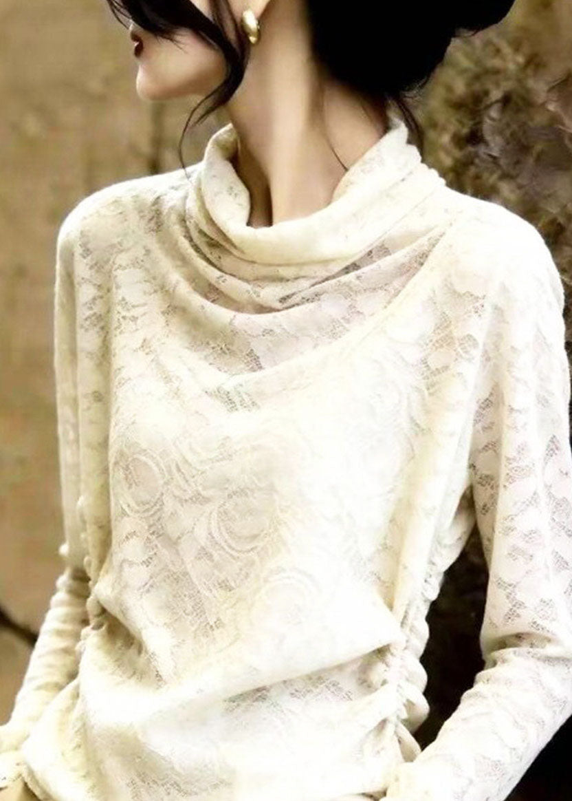 Original Design Beige Turtleneck Lace Tops Fall