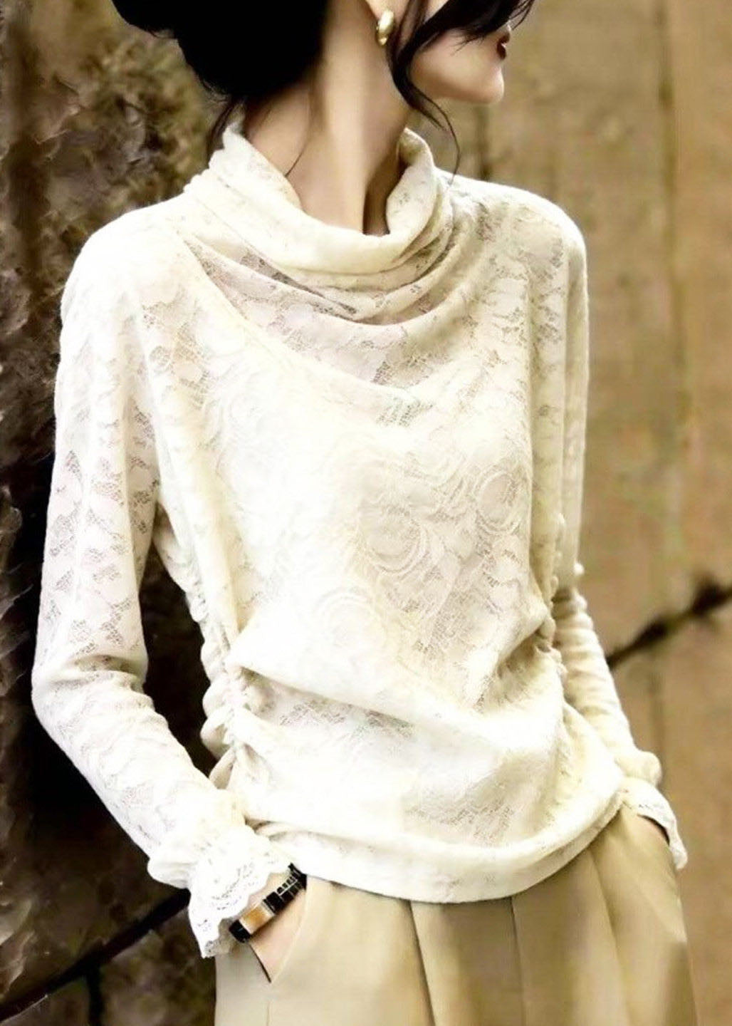 Original Design Beige Turtleneck Lace Tops Fall