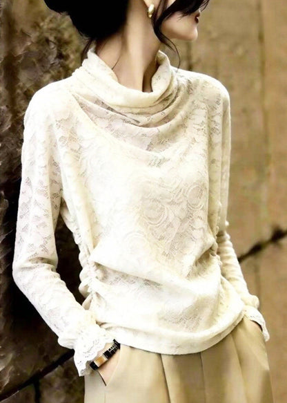 Original Design Beige Turtleneck Lace Tops Fall