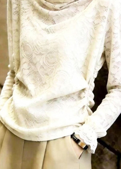 Original Design Beige Turtleneck Lace Tops Fall