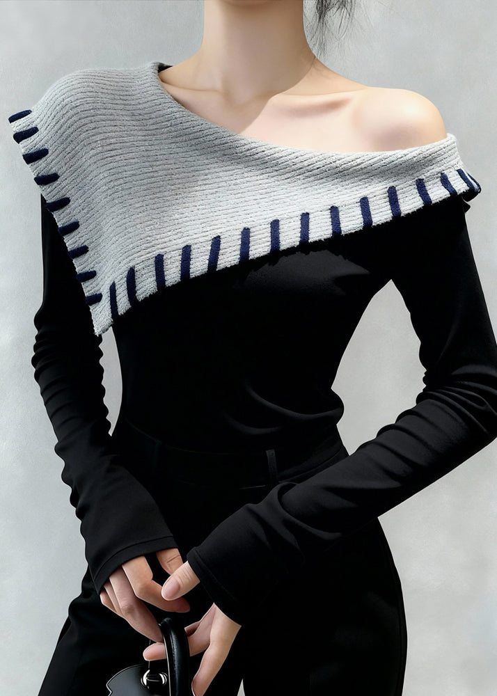 Original Design Black Cold Shoulder Warm Fleece Slim Fit Top Winter