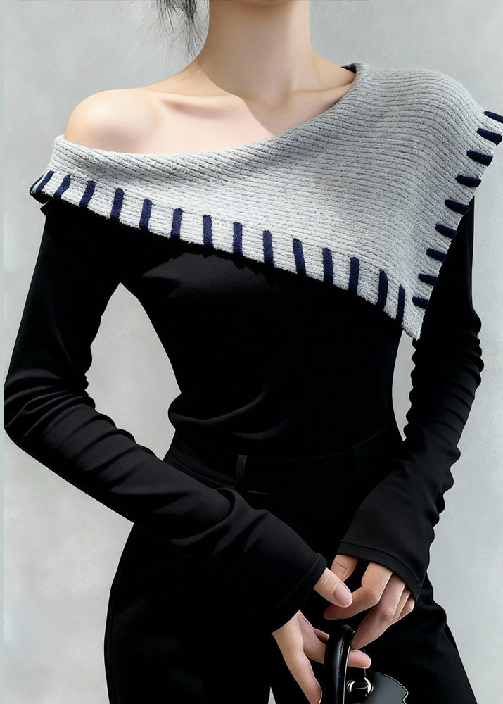 Original Design Black Cold Shoulder Warm Fleece Slim Fit Top Winter