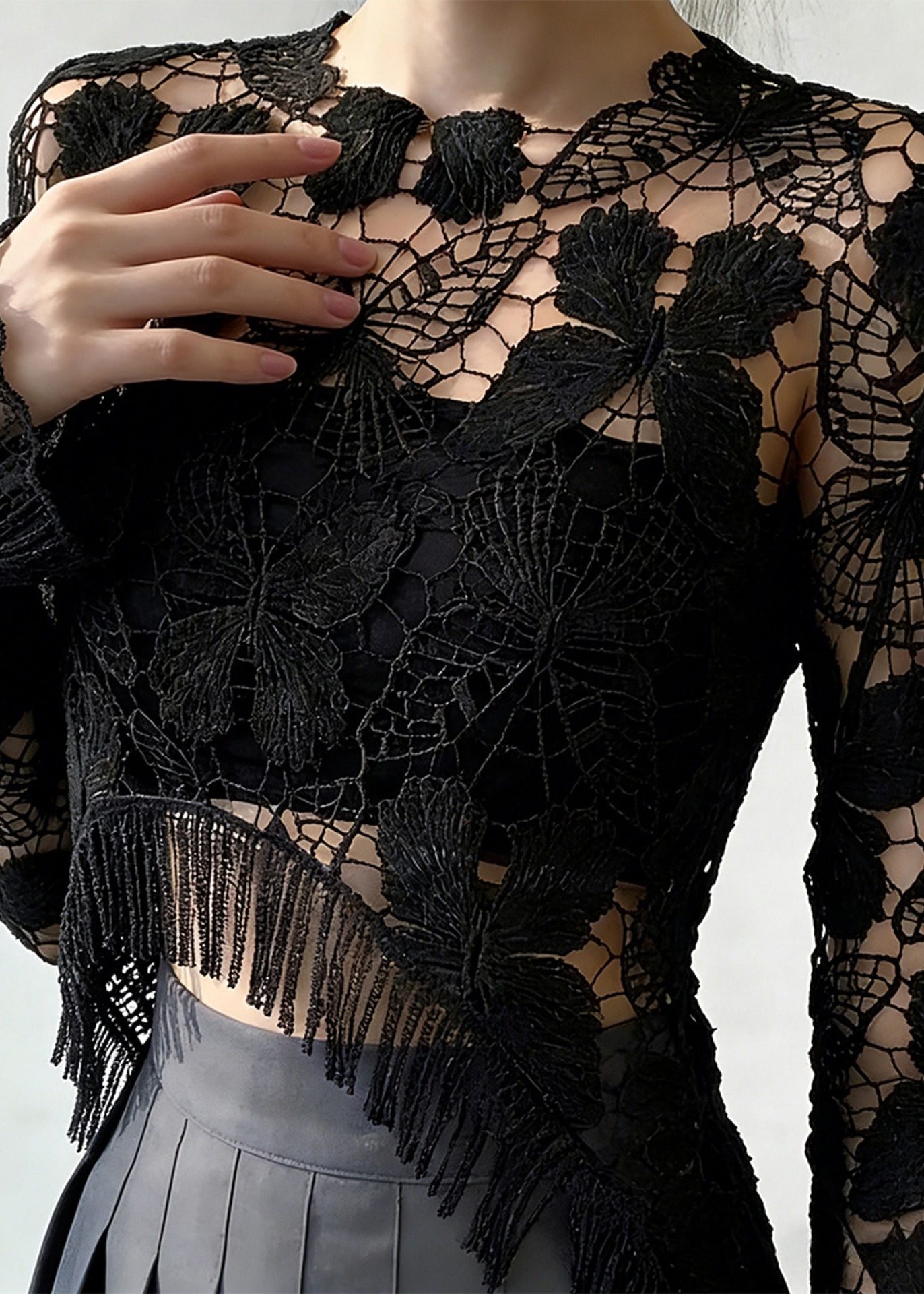 Original Design Black Hollow Out Lace T Shirt Spring