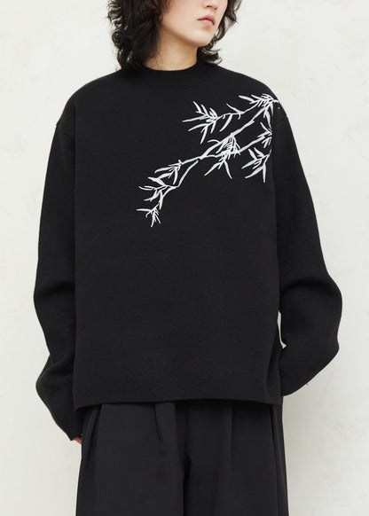 Original Design Black O-Neck Embroidered Thick Cotton Knit Sweaters Fall