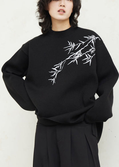 Original Design Black O-Neck Embroidered Thick Cotton Knit Sweaters Fall