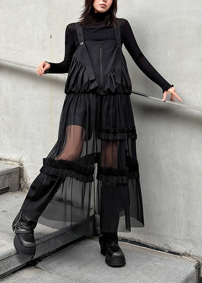 Original Design Black Ruffled Patchwork Tulle Strap Dress