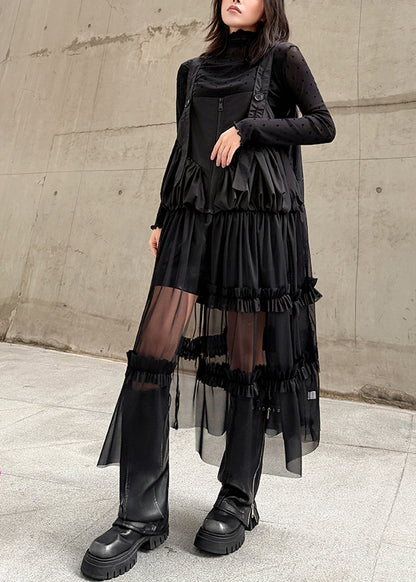Original Design Black Ruffled Patchwork Tulle Strap Dress
