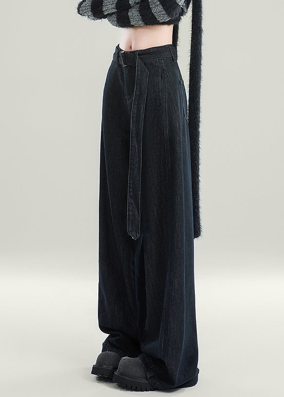 Original Design Black Sashes High Waist Warm Fleece Jeans