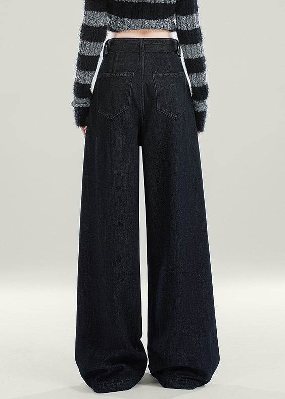 Original Design Black Sashes High Waist Warm Fleece Jeans