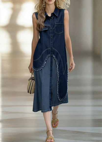 Original Design Blue Asymmetrical Patchwork Shirts Dress Sleeveless