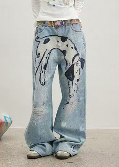 Original Design Blue Cartoon Print Zircon Denim Pants Spring